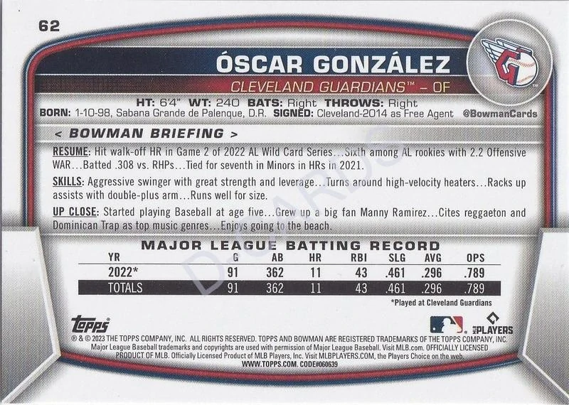 2023 Bowman #62 Oscar Gonzalez RC