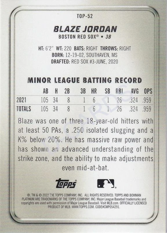 2022 Bowman Platinum Top Prospects #TOP52 Blaze Jordan