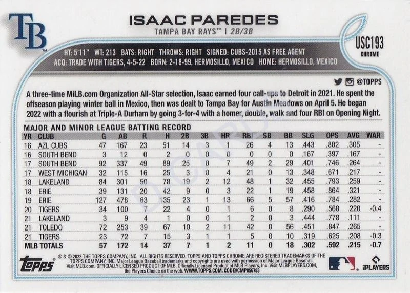 2022 Topps Chrome Update Purple Refractors #USC193 Isaac Paredes