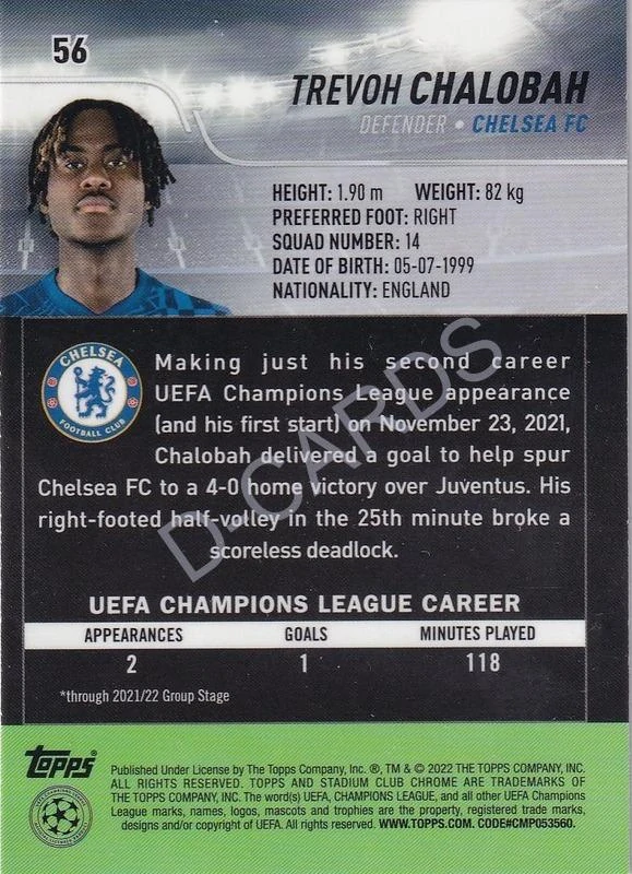 2021-22 Stadium Club Chrome UEFA Champions League #56 Trevoh Chalobah RC