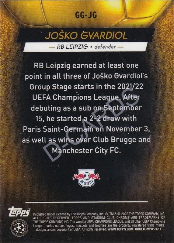 2021-22 Stadium Club Chrome UEFA Champions League Glimpses of Gold #GGJG Josko Gvardiol RC