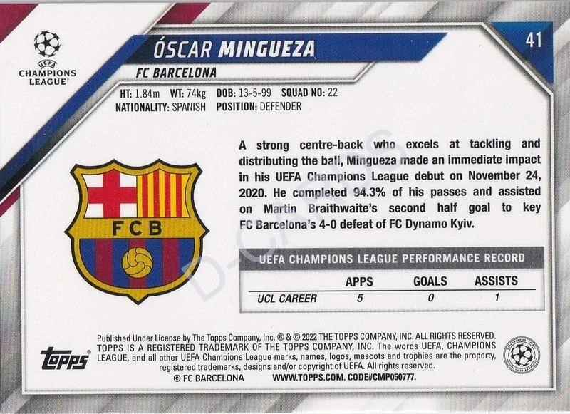 2021-22 Topps UEFA Champions League #41 Oscar Mingueza RC