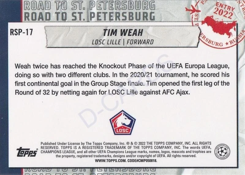 2021-22 Topps UEFA Champions League Road to St. Petersburg #RSP17 Tim Weah