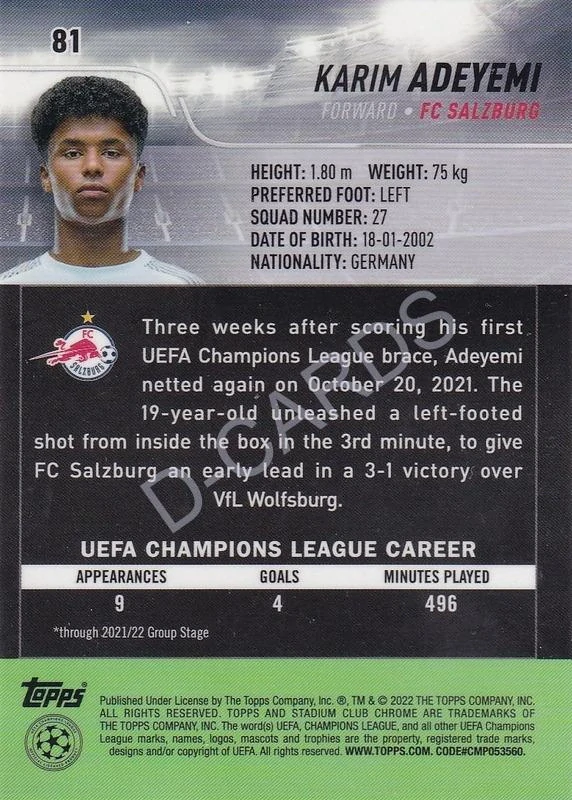2021-22 Stadium Club Chrome UEFA Champions League Blue Prism #81 Karim Adeyemi