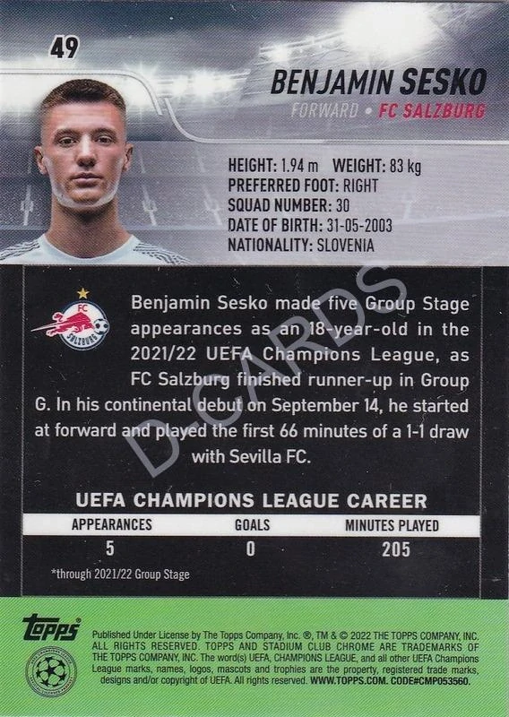 2021-22 Stadium Club Chrome UEFA Champions League #49 Benjamin Sesko RC