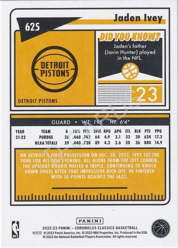 2022-23 Panini Chronicles #625 Jaden Ivey/Classics
