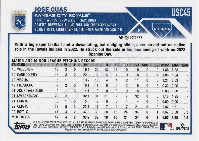 2023 Topps Chrome Update #USC45 Jose Cuas RC
