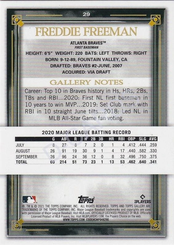 2021 Topps Gallery Rainbow Foil #29 Freddie Freeman