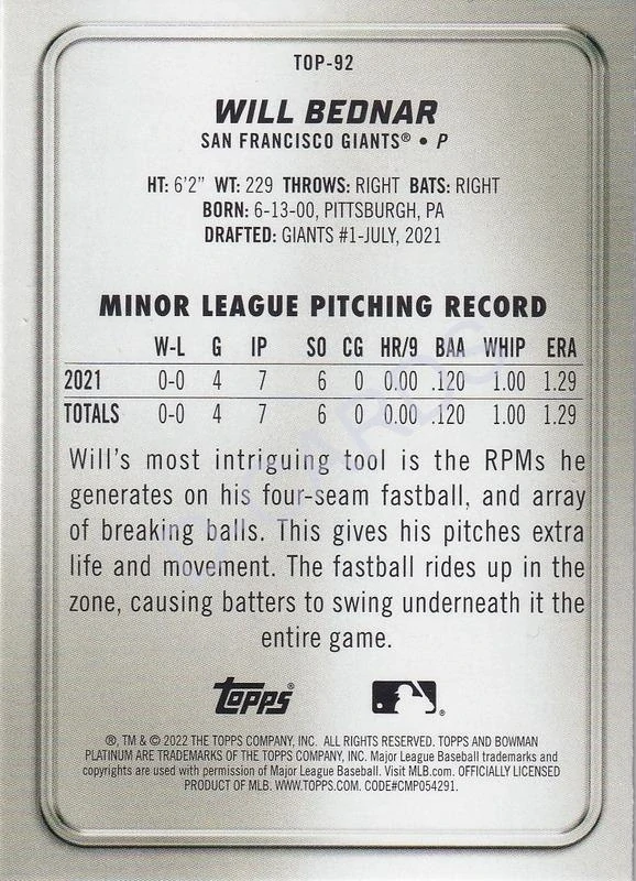2022 Bowman Platinum Top Prospects #TOP92 Will Bednar