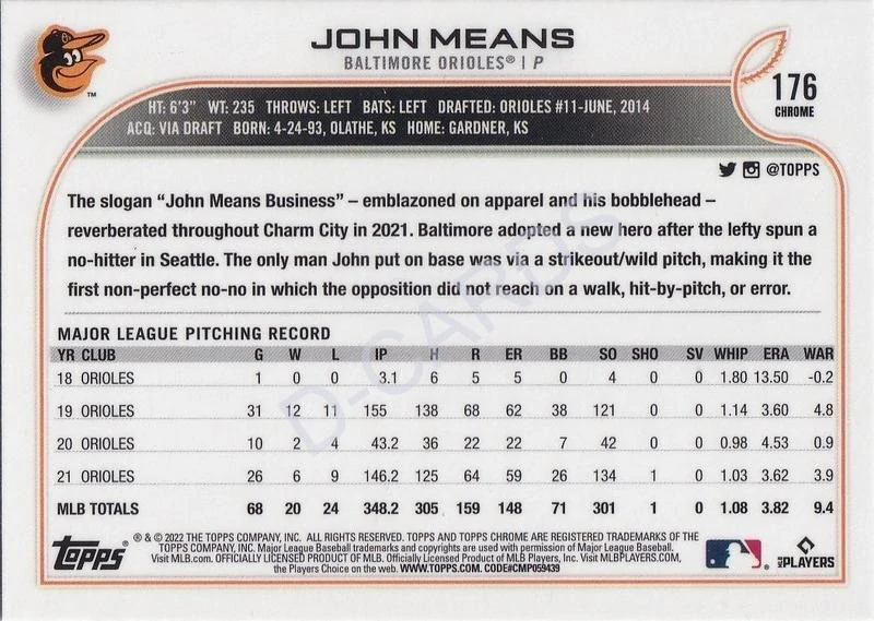 2022 Topps Chrome Sonic Black and White RayWave Refractors #176 John Means
