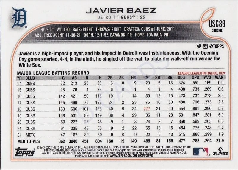 2022 Topps Chrome Update Purple Refractors #USC89 Javier Baez