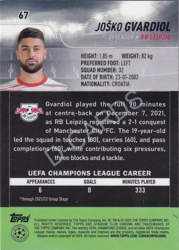2021-22 Stadium Club Chrome UEFA Champions League #67 Josko Gvardiol RC
