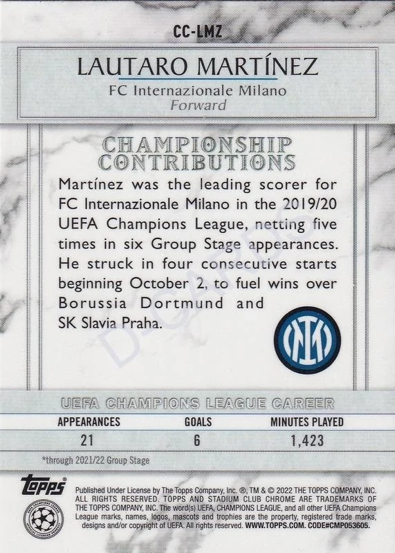 2021-22 Stadium Club Chrome UEFA Champions League Championship Contributions #CCLMZ Lautaro Martinez