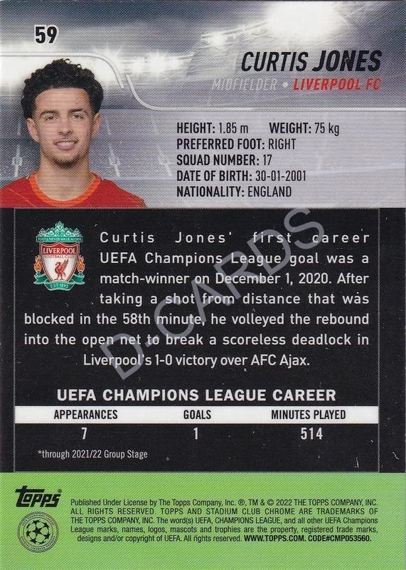 2021-22 Stadium Club Chrome UEFA Champions League Blue Prism #59 Curtis Jones 