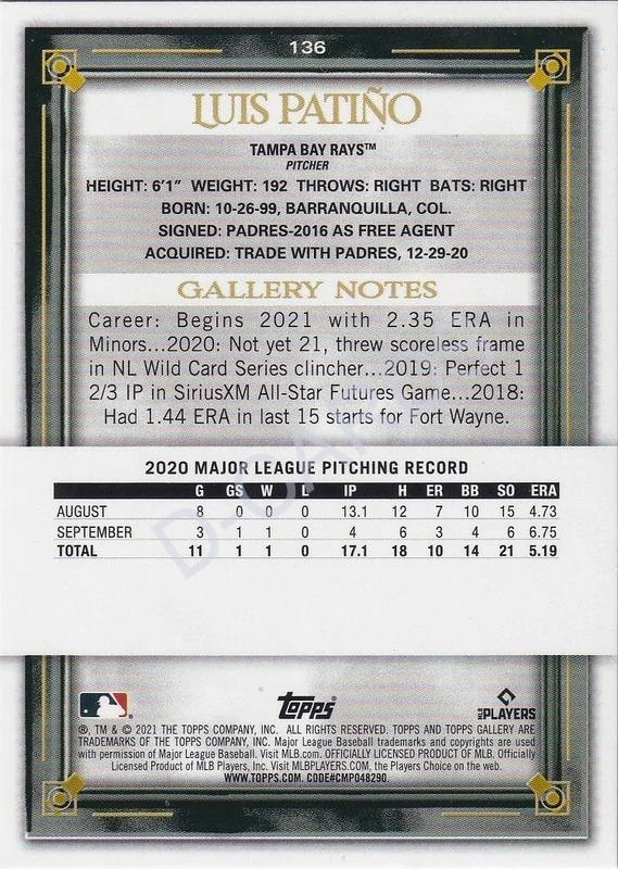 2021 Topps Gallery Rainbow Foil #136 Luis Patino RC