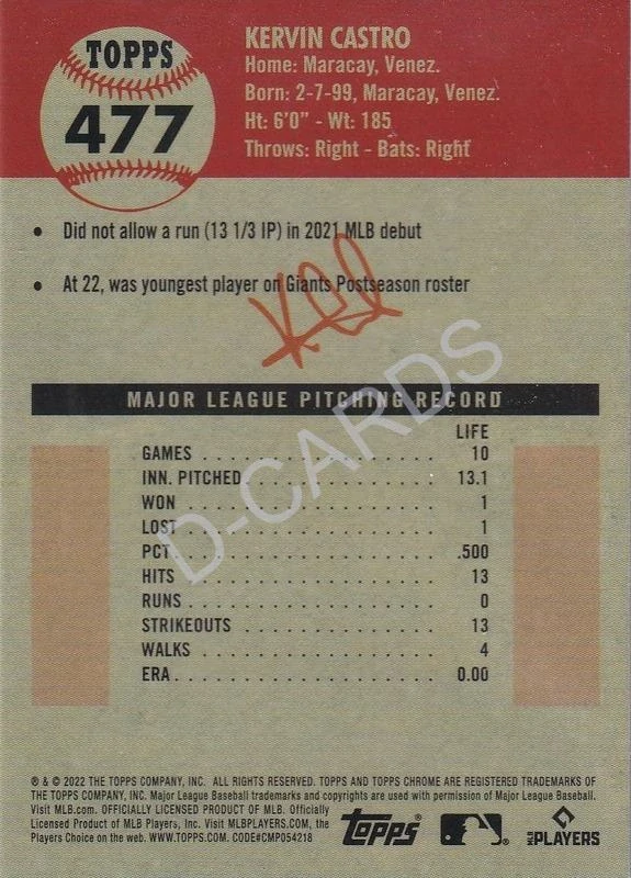 2022 Topps Chrome Platinum Anniversary #477 Kervin Castro RC