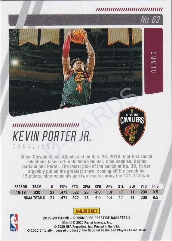 2019-20 Panini Chronicles #63 Kevin Porter Jr. RC/Prestige