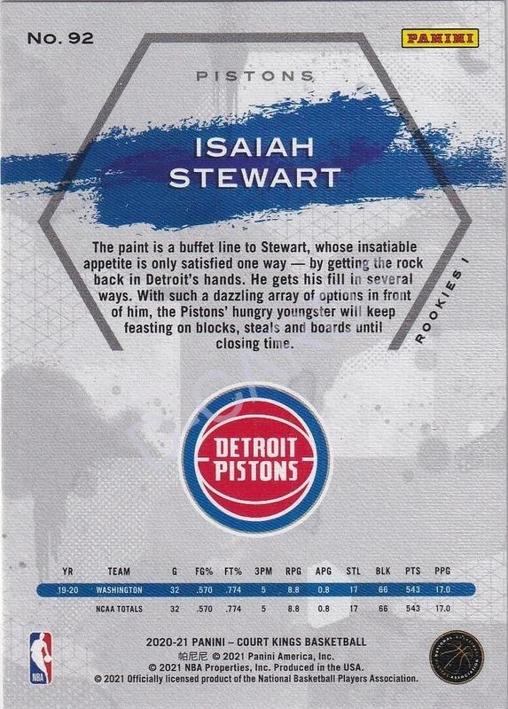 2020-21 Court Kings #92 Isaiah Stewart RC