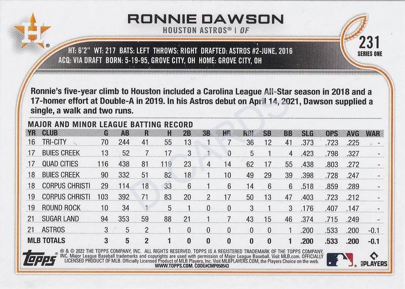2022 Topps #231 Ronnie Dawson RC