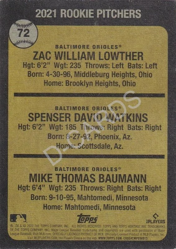 2022 Topps Heritage #72 Mike Baumann RC/Zac Lowther RC/Spenser Watkins RC