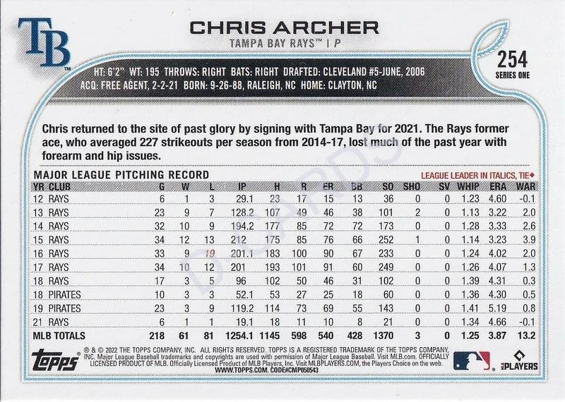 2022 Topps Rainbow Foil #254 Chris Archer