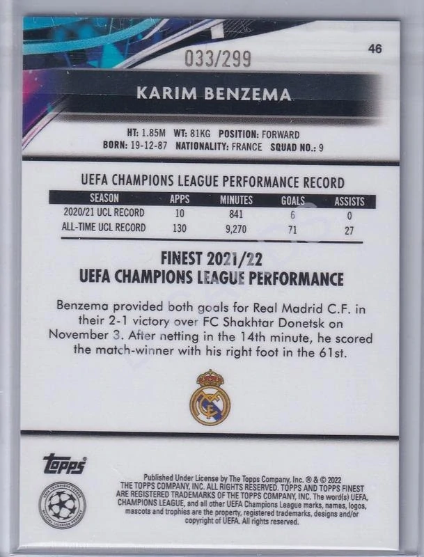 2021-22 Finest UEFA Champions League Purple Refractors #46 Karim Benzema (Limit 033/299)