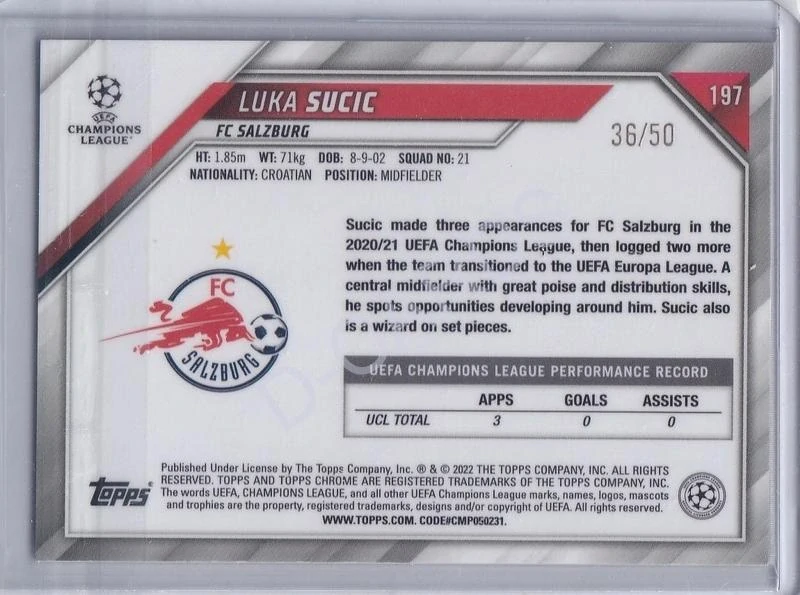 2021-22 Topps Chrome UEFA Champions League Gold Refractors #197 Luka Sucic (Limit 36/50)