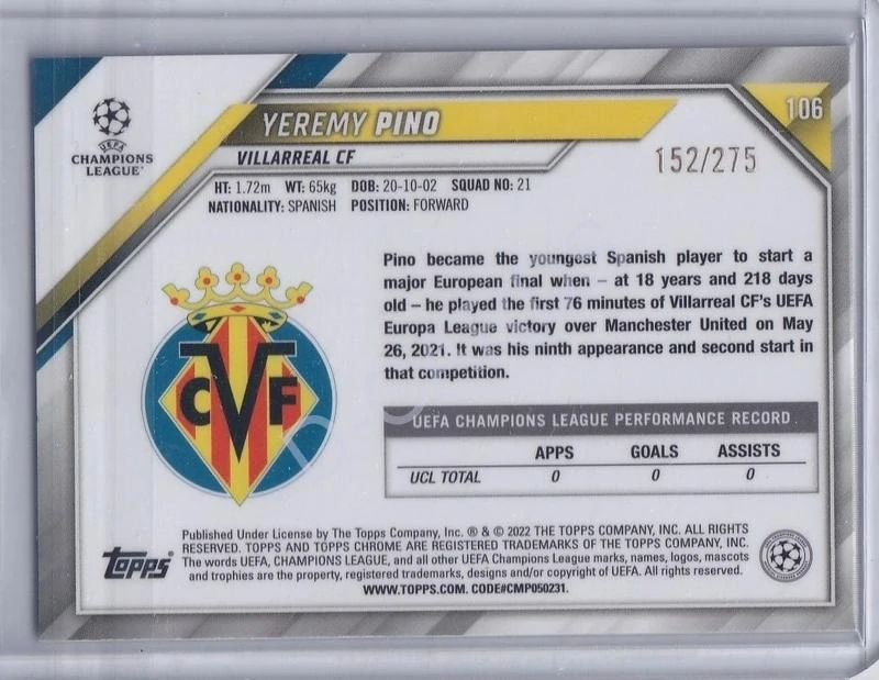 2021-22 Topps Chrome UEFA Champions League Silver Mini Diamond Refractors #106 Yeremy Pino (Limit 152/275)