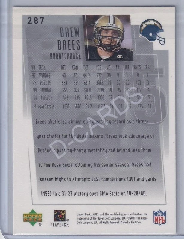 2001 Upper Deck MVP #287 Drew Brees RC