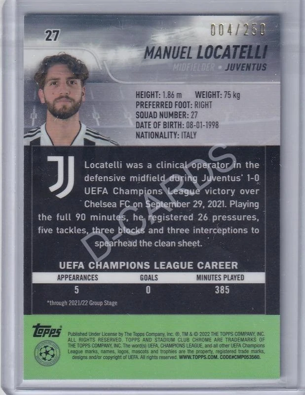2021-22 Stadium Club Chrome UEFA Champions League Aqua Wave Refractors #27 Manuel Locatelli (Limit 004/250)