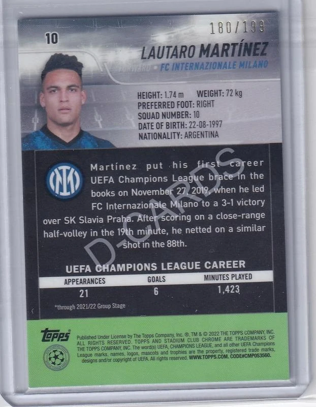 2021-22 Stadium Club Chrome UEFA Champions League Aqua Green Electric Charge #10 Lautaro Martinez (Limit 180/199)