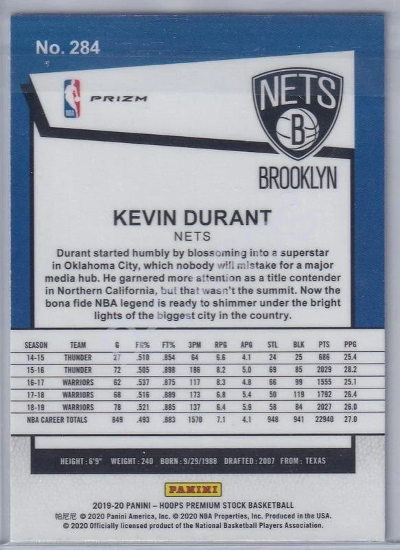 2019-20 Hoops Premium Stock Prizms Silver Scope #284 Kevin Durant