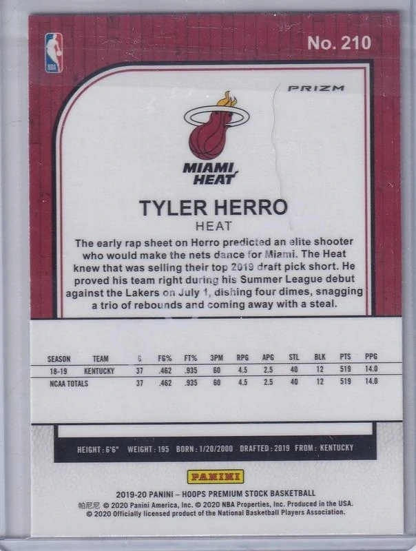 2019-20 Hoops Premium Stock Prizms Blue Cracked Ice #210 Tyler Herro RC