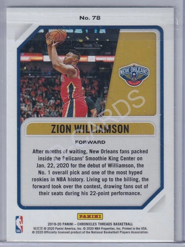 2019-20 Panini Chronicles #78 Zion Williamson/Threads RC
