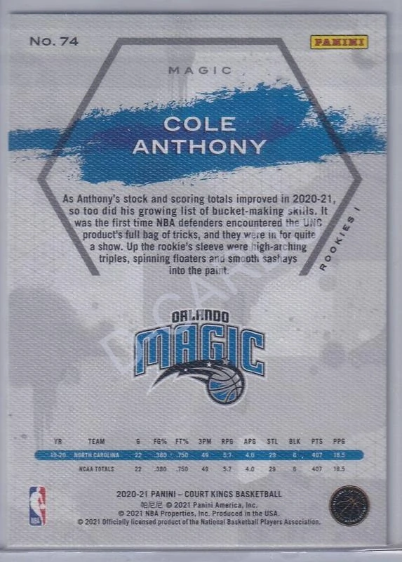 2020-21 Court Kings #74 Cole Anthony RC