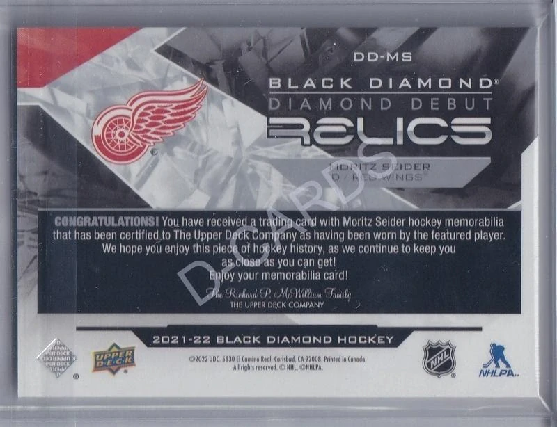2021-22 Black Diamond Diamond Debut Relics #DDMS Moritz Seider RC
