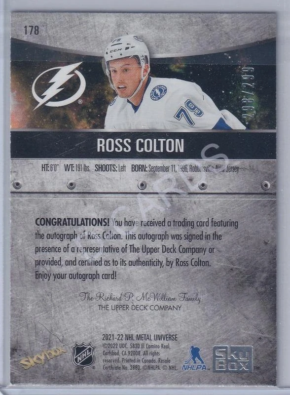 2021-22 Metal Universe Silver #178 Ross Colton AU RC (Limit 298/299)