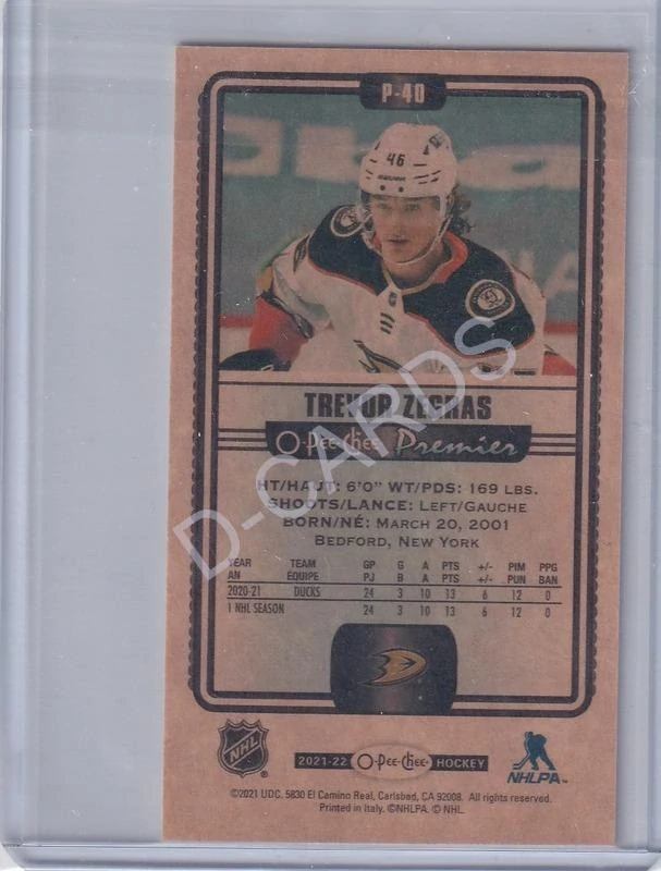 2021-22 O-Pee-Chee OPC Premier Tallboys #P40 Trevor Zegras SP RC