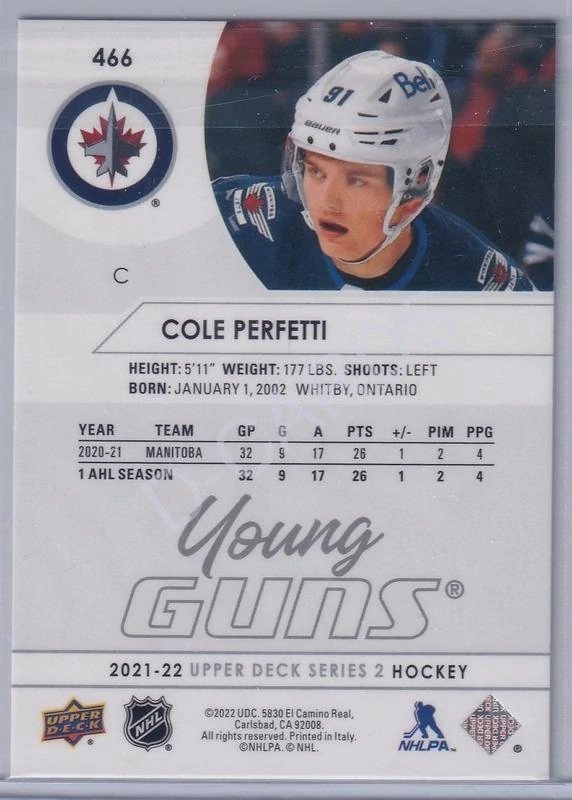 2021-22 Upper Deck #466 Cole Perfetti Young Guns RC