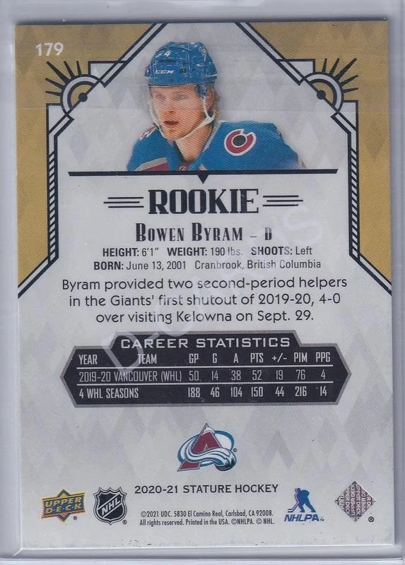 2020-21 Upper Deck Stature Red #179 Bowen Byram RC (Limit 82/85)