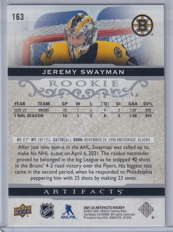 2021-22 Artifacts #163 Jeremy Swayman RC (Limit 799/999)