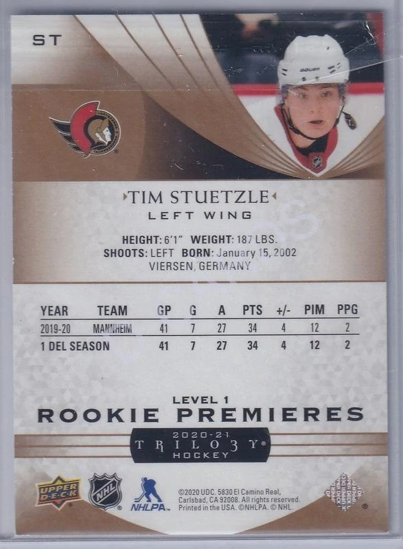 2020-21 Upper Deck Trilogy #ST Tim Stutzle (Limit 240/999) RC