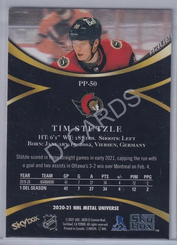 2020-21 Metal Universe Skybox Premium Prospects #PP50 Tim Stutzle RC