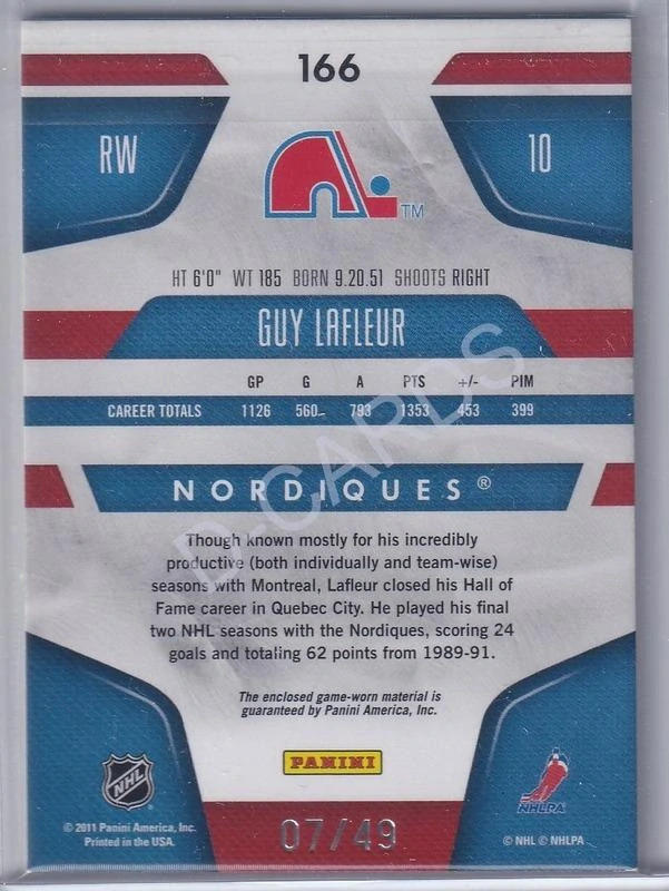 2011-12 Certified Mirror Blue Materials #166 Guy Lafleur (Limit 07/49)