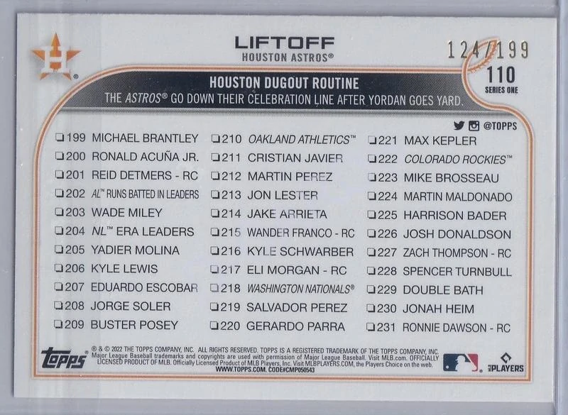 2022 Topps Red Foilboard #110 Liftoff/Yuli Gurriel/Yordan Alvarez (Limit 124/199)