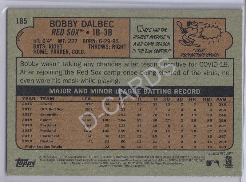 2021 Topps Heritage Action Variations #185 Bobby Dalbec RC