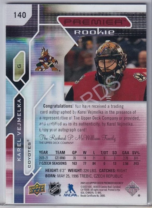 2021-22 Upper Deck Premier Autographs #140 Karel Vejmelka RC