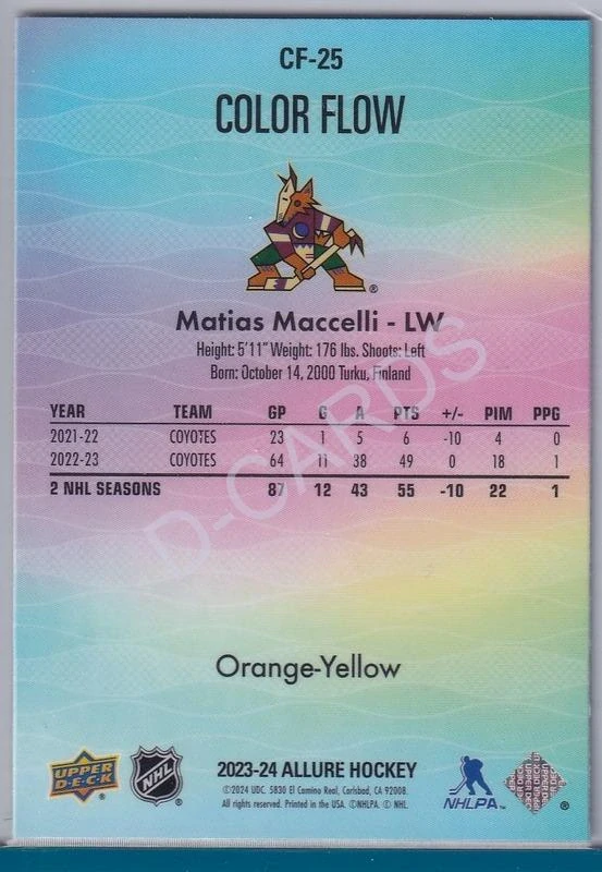 2023-24 Upper Deck Allure Color Flow Orange Yellow #CF25 Matias Maccelli