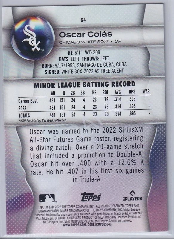 2023 Bowman Platinum Pink Ice Foil #64 Oscar Colas (Limit 116/199) RC