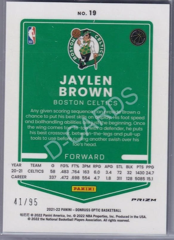 2021-22 Donruss Optic Fast Break Purple #19 Jaylen Brown (Limit 41/95)